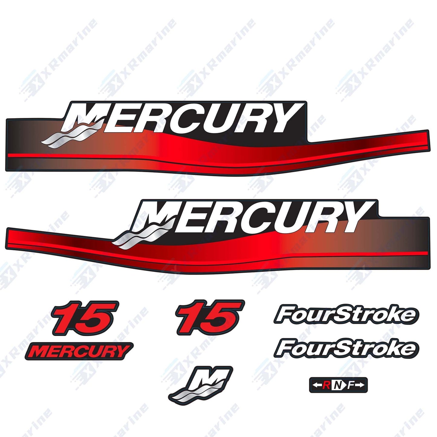 Red Decals Set for Mercury 15HP 4 Stroke 1999-2006 Outboard Engine - Image 1 - XRmarine
