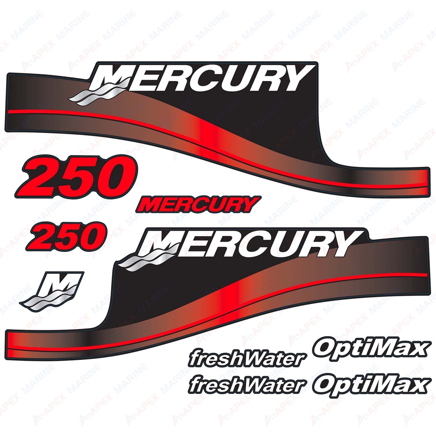 Outboard engine decals Red sticker set Mercury 250hp Optimax FreshWater Series - Image 1 - XRmarine