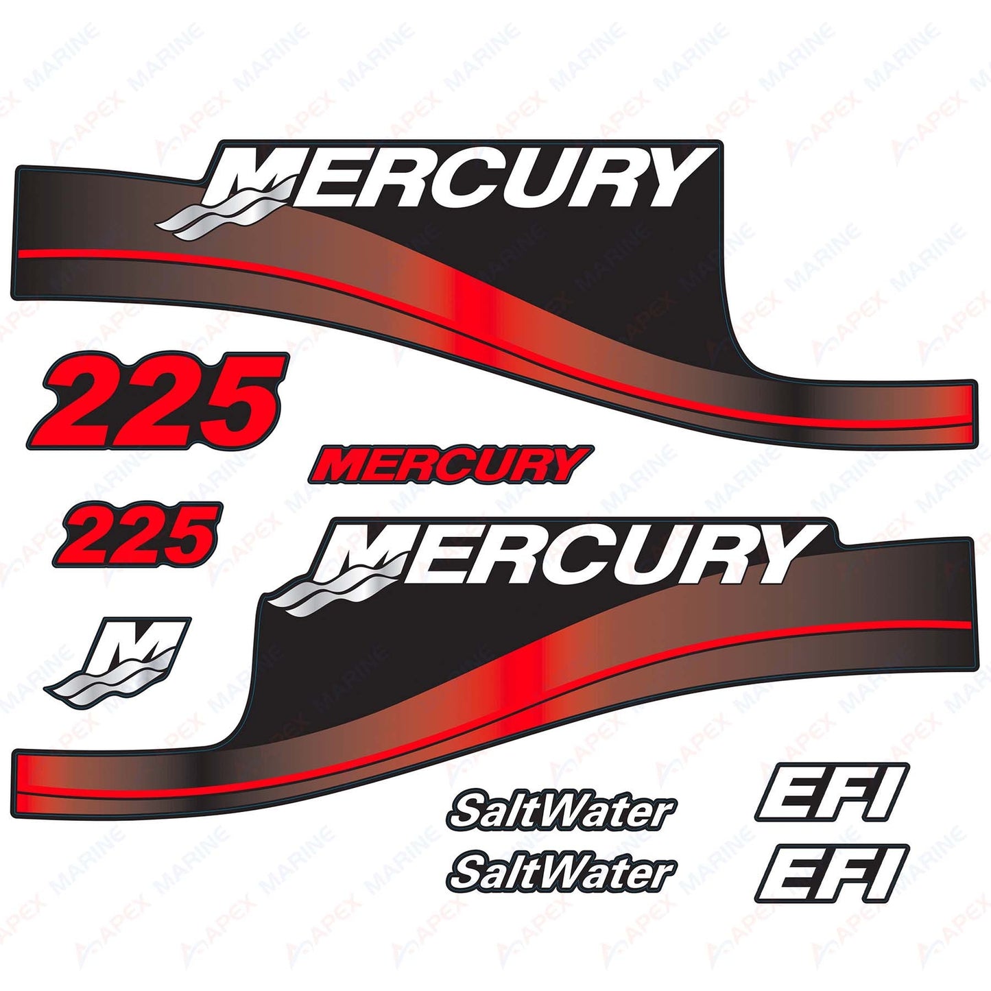 Outboard engine decals Red sticker set Mercury 225hp EFI SaltWater - Image 1 - XRmarine
